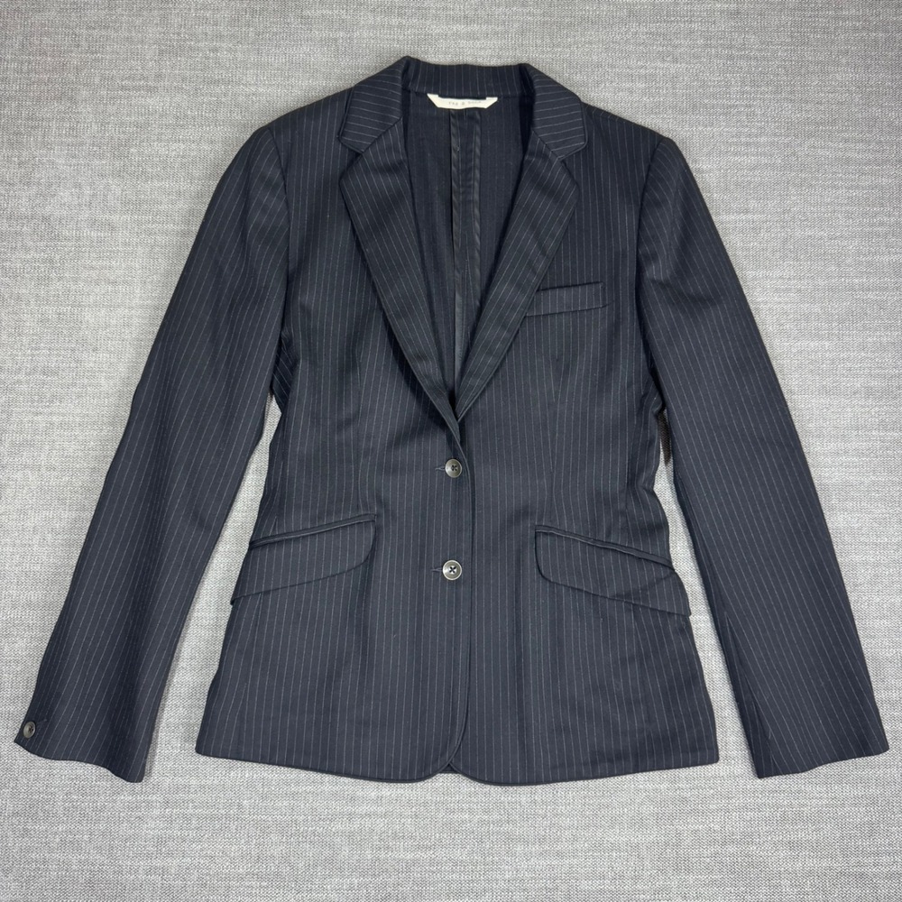 Rag & Bone Black Pinstripe Wool Blazer with Elbow Patches Size 2 Made in USA